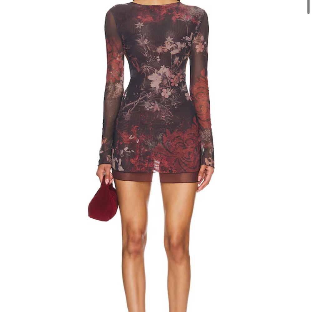 Floral Long Sleeve Dress - Red and Black